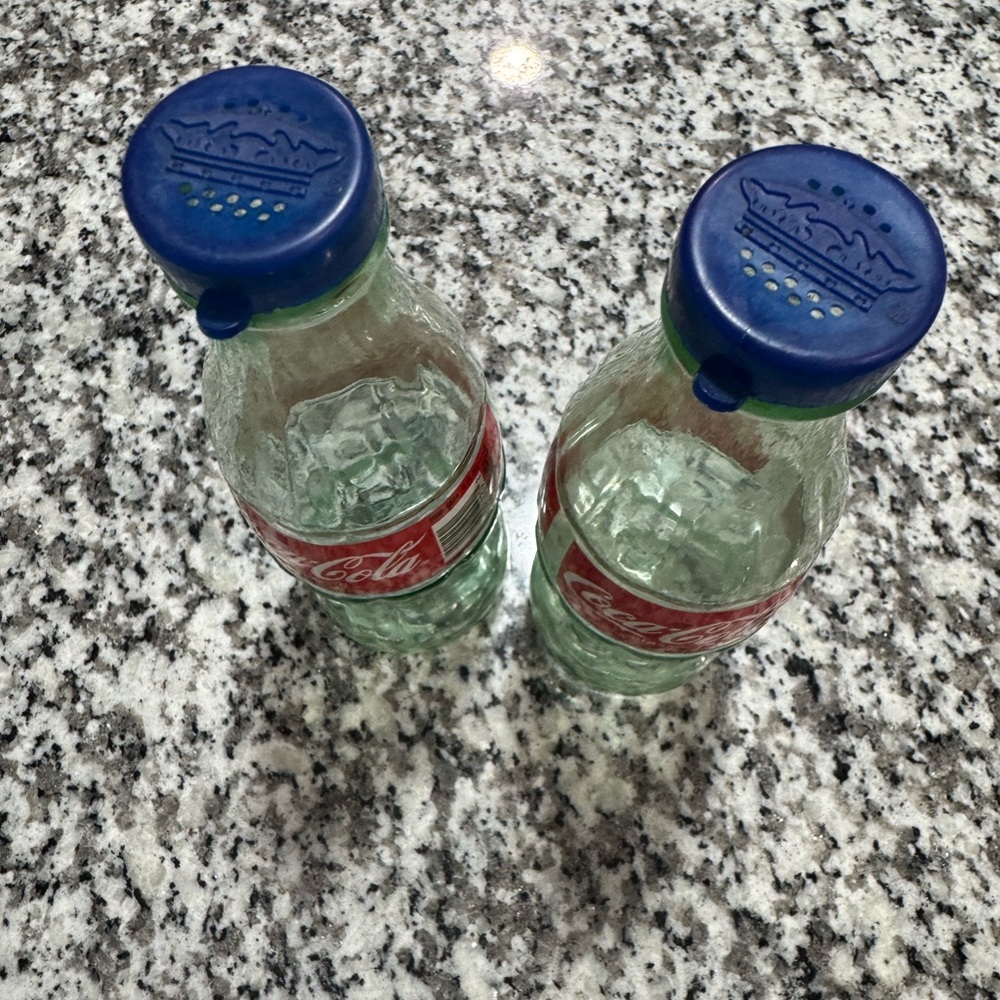 Coca Cola Glass Bottles with Bold Blue Tops